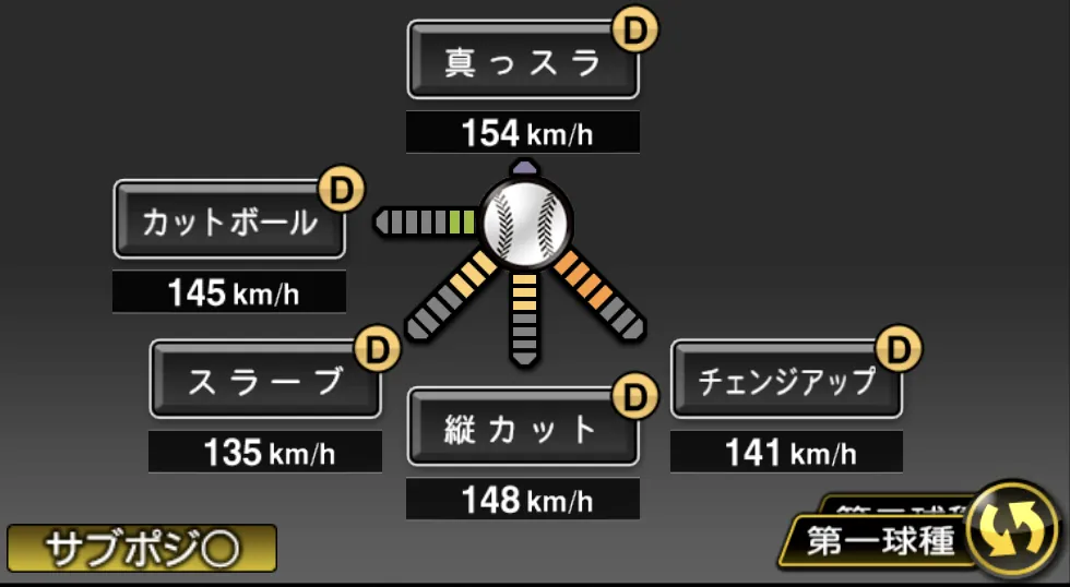 篠原 響の球種(ゲーム内の画面)