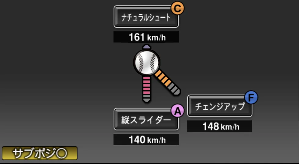 ウィンゲンターの球種(ゲーム内の画面)
