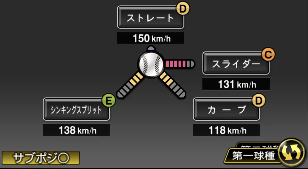 浜屋 将太の球種（ゲーム内の画面）