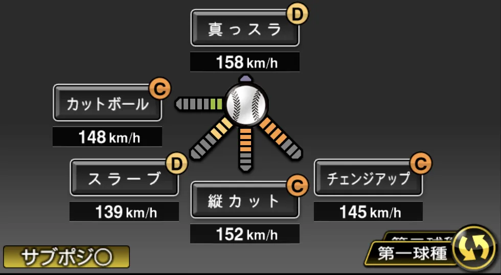 篠原 響の球種（ゲーム内の画面）