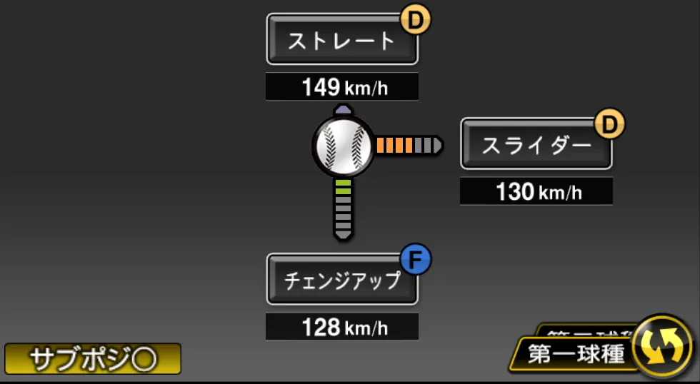 松永 昂大の球種(ゲーム内の画面)