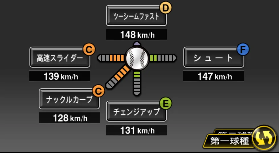 スタンリッジの球種（ゲーム内の画面）