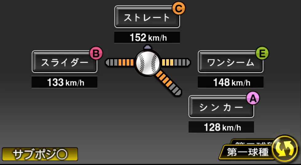 益田 直也の球種（ゲーム内の画面）