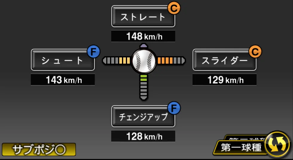 松永 昂大の球種（ゲーム内の画面）