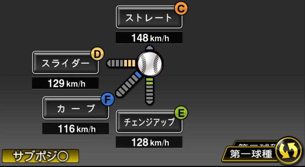 有吉 優樹の球種（ゲーム内の画面）