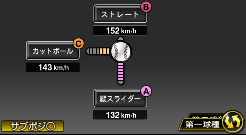 内 竜也の球種（ゲーム内の画面）
