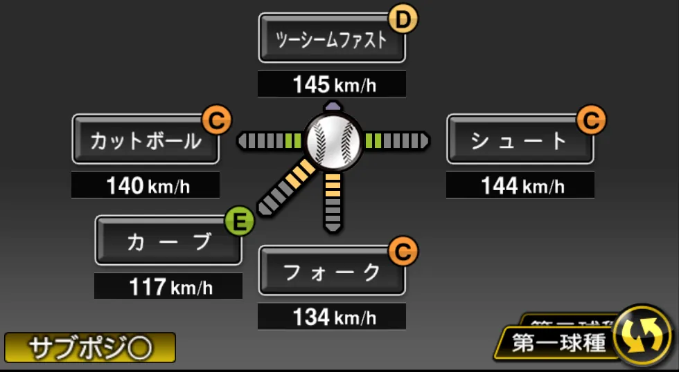 大谷 智久の球種（ゲーム内の画面）