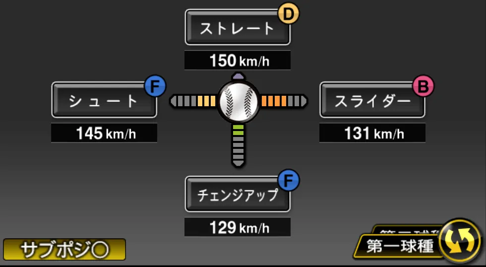 松永 昂大の球種(ゲーム内の画面)