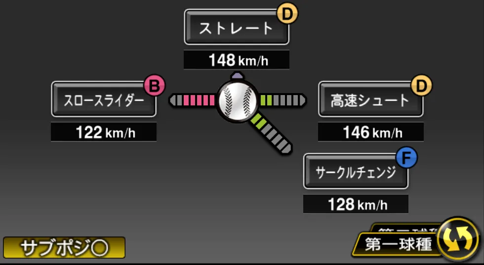 東條 大樹の球種（ゲーム内の画面）