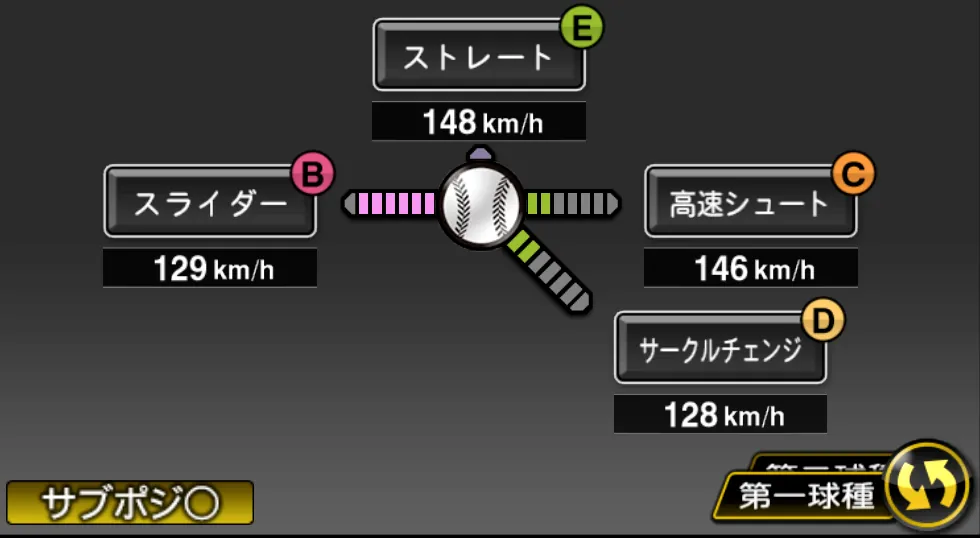 東條 大樹の球種（ゲーム内の画面）