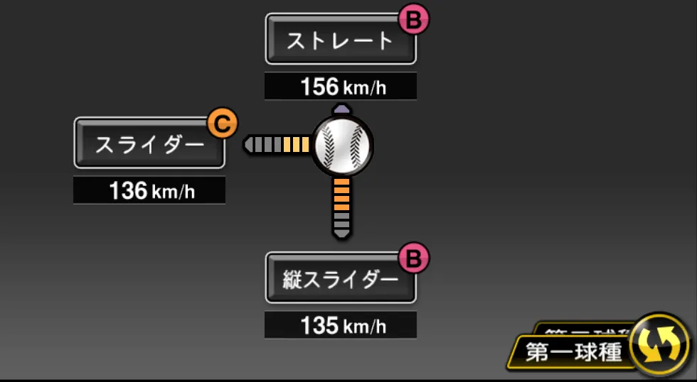 ジャクソンの球種（ゲーム内の画面）