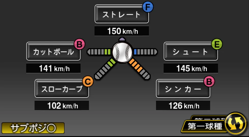石川 歩の球種（ゲーム内の画面）