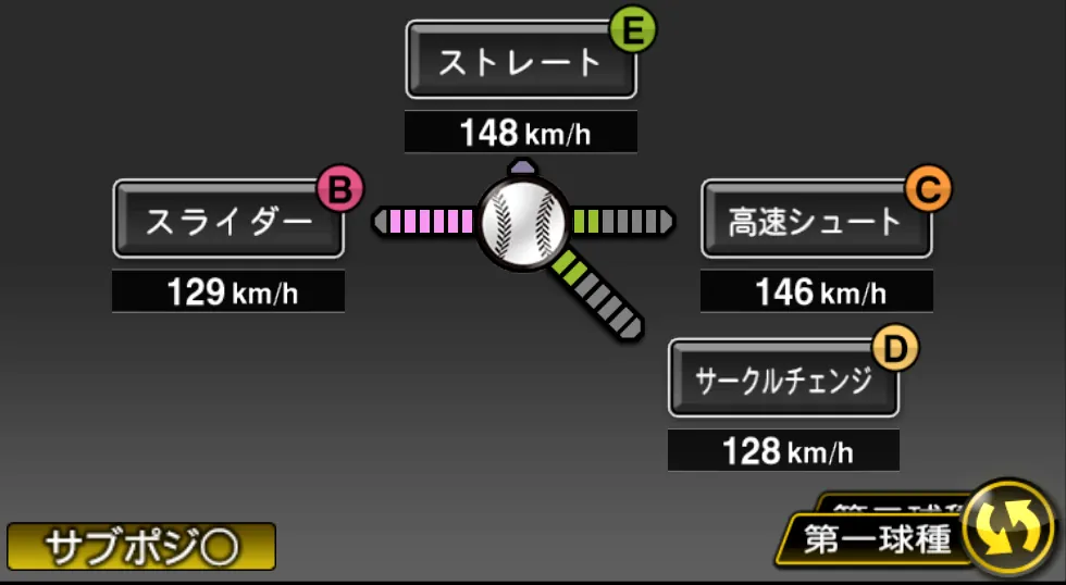東條 大樹の球種（ゲーム内の画面）