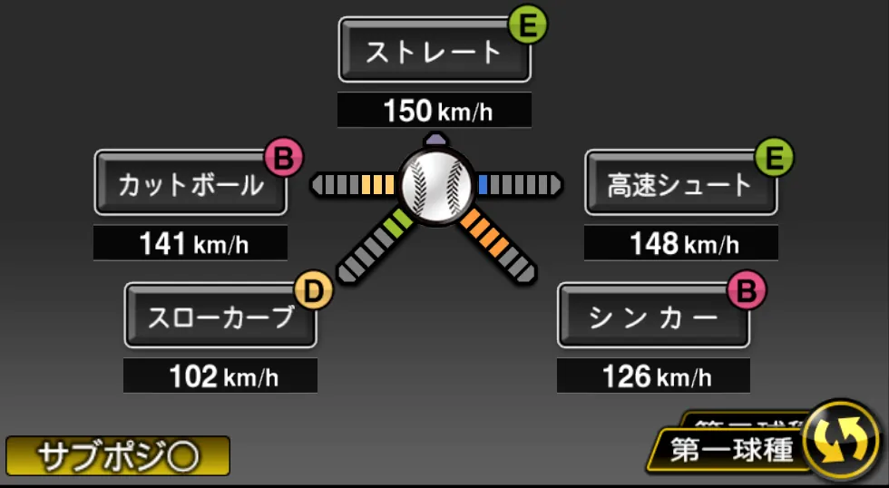 石川 歩の球種（ゲーム内の画面）