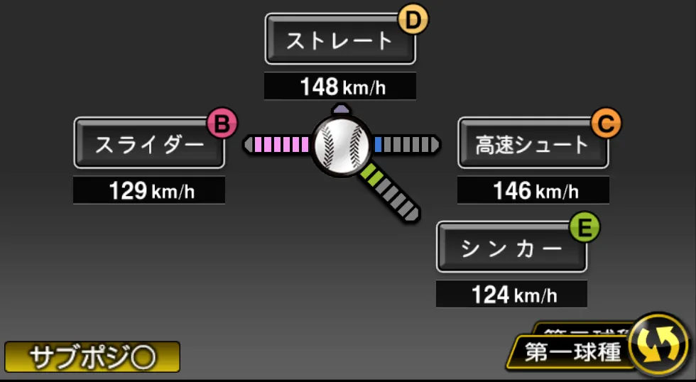東條 大樹の球種（ゲーム内の画面）