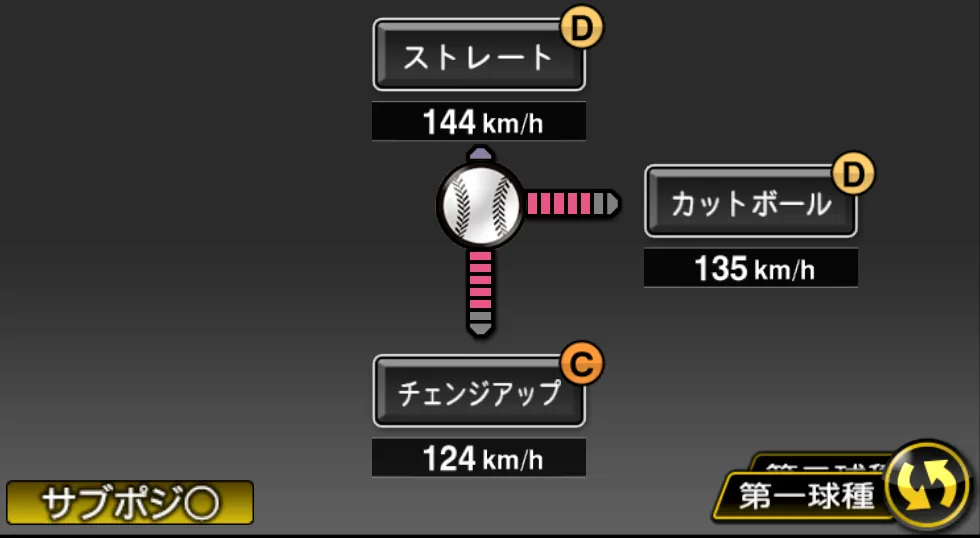 小島 和哉の球種(ゲーム内の画面)