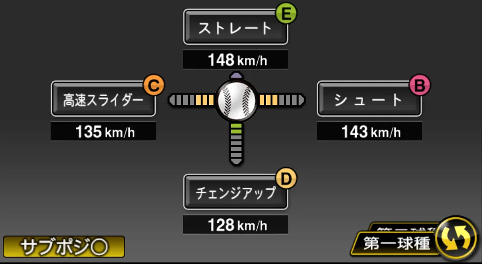 小野 晋吾の球種(ゲーム内の画面)