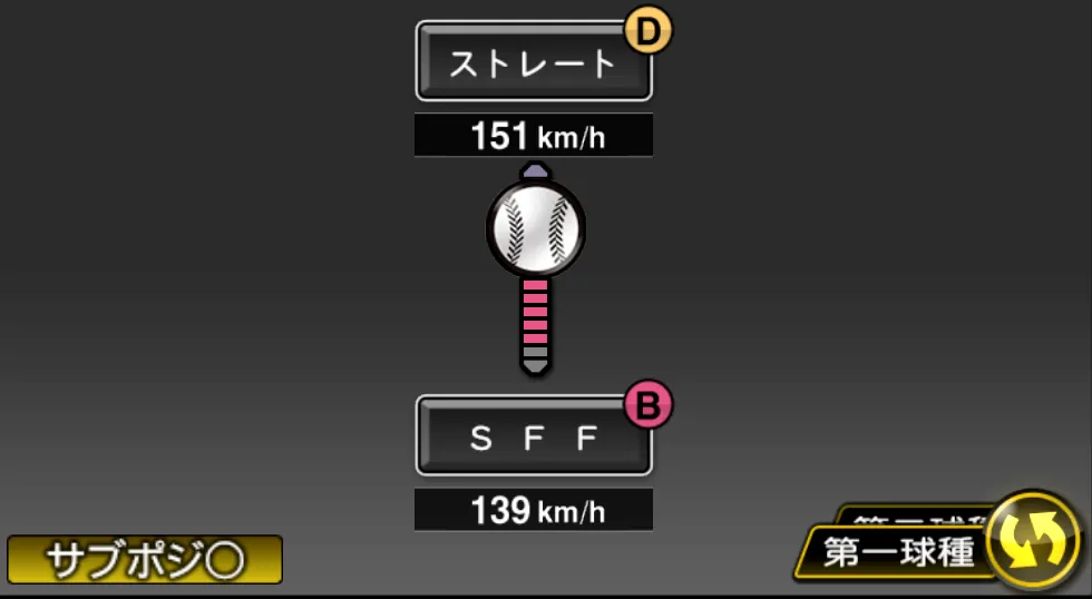 岩下 大輝の球種(ゲーム内の画面)