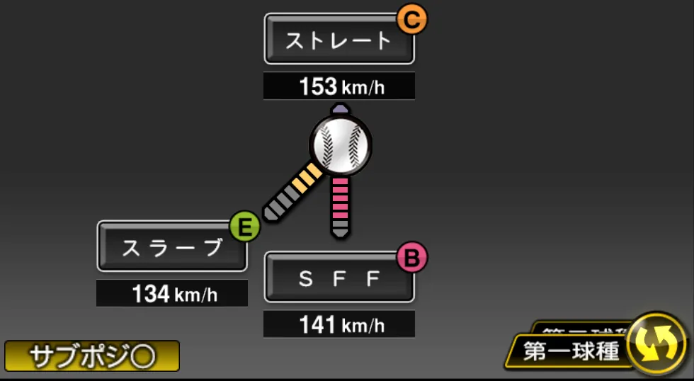 岩下 大輝の球種（ゲーム内の画面）
