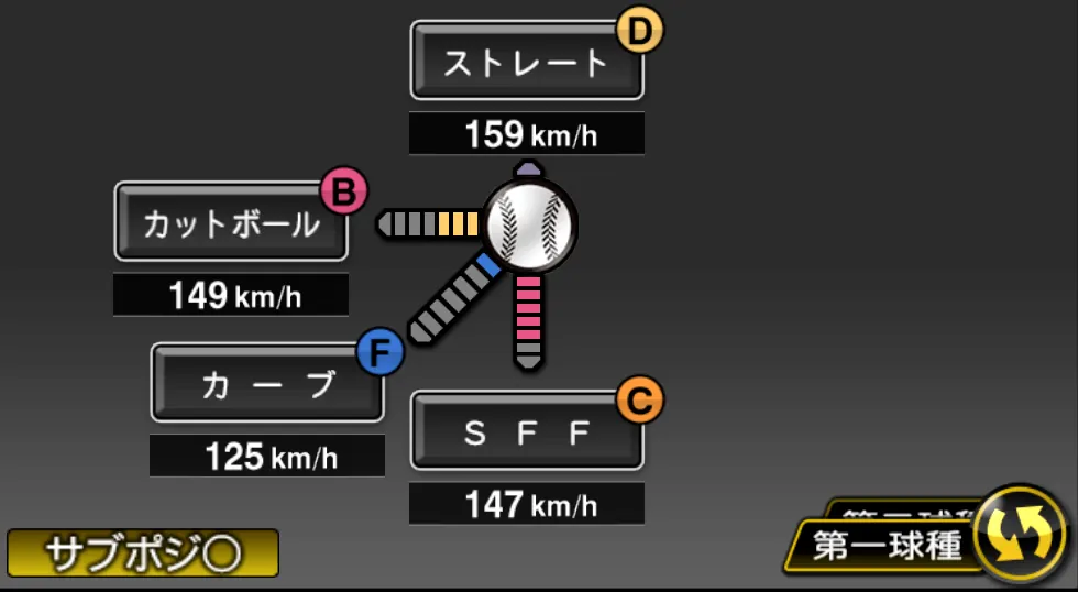 国吉 佑樹の球種（ゲーム内の画面）