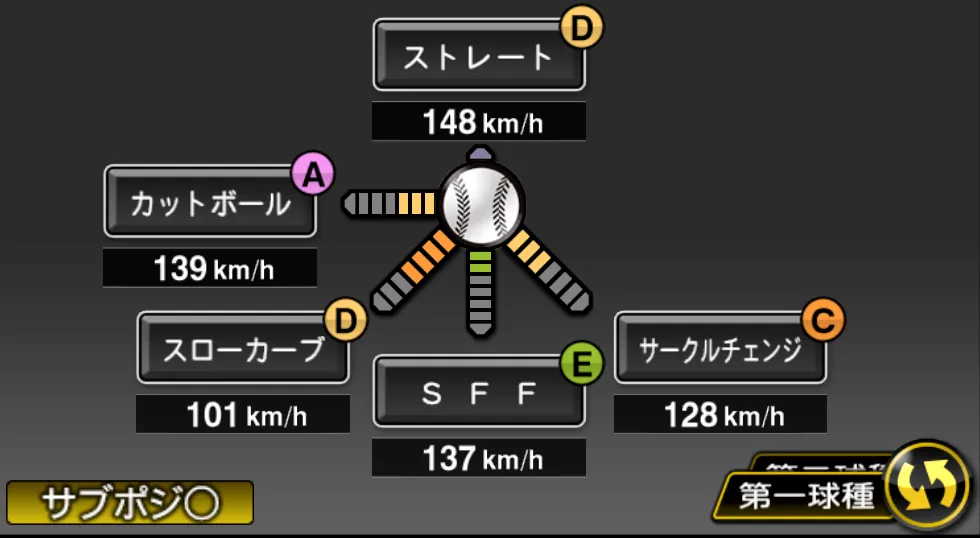 唐川 侑己の球種（ゲーム内の画面）