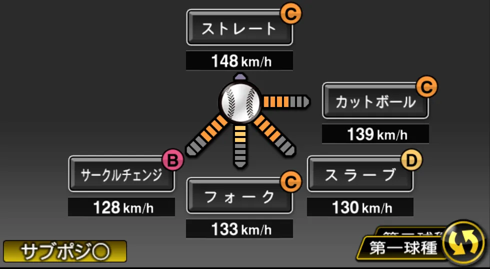 小島 和哉の球種（ゲーム内の画面）