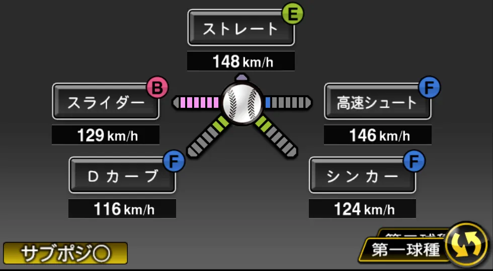 東條 大樹の球種（ゲーム内の画面）