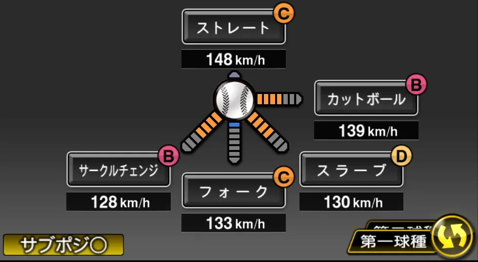 小島 和哉の球種（ゲーム内の画面）