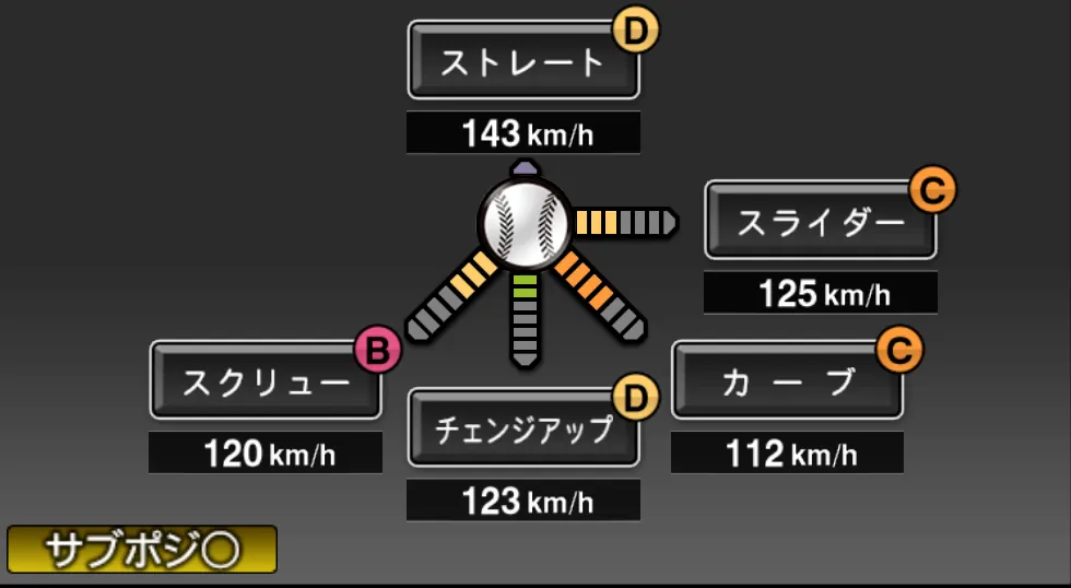 ヒルマンの球種（ゲーム内の画面）