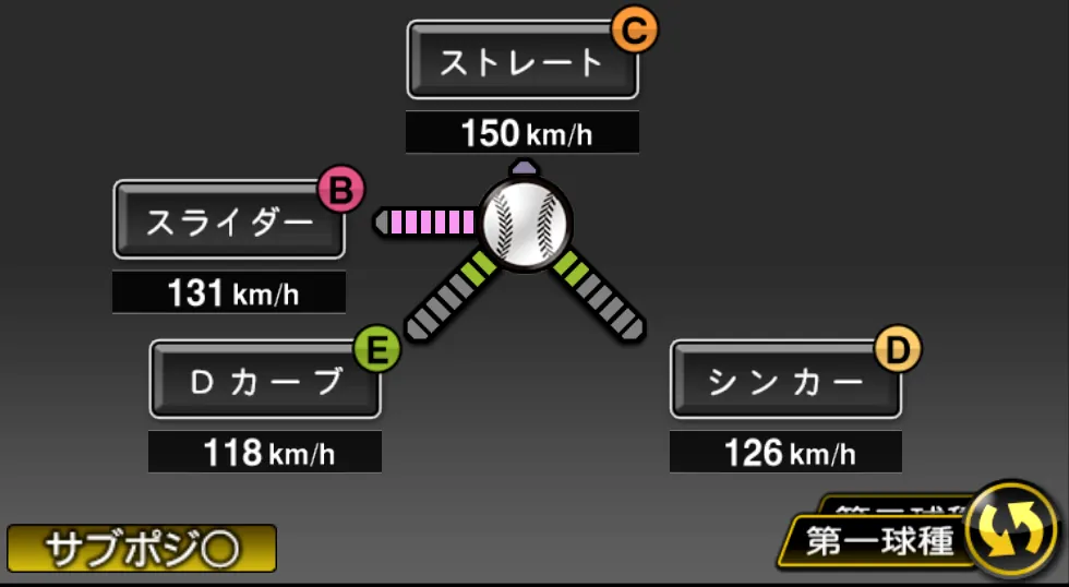 東條 大樹の球種（ゲーム内の画面）
