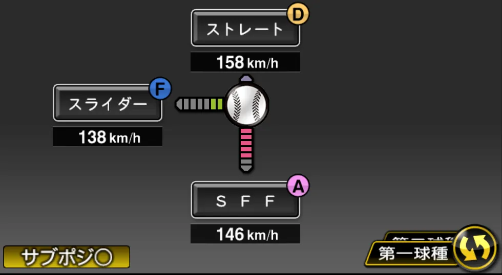 澤村 拓一の球種（ゲーム内の画面）
