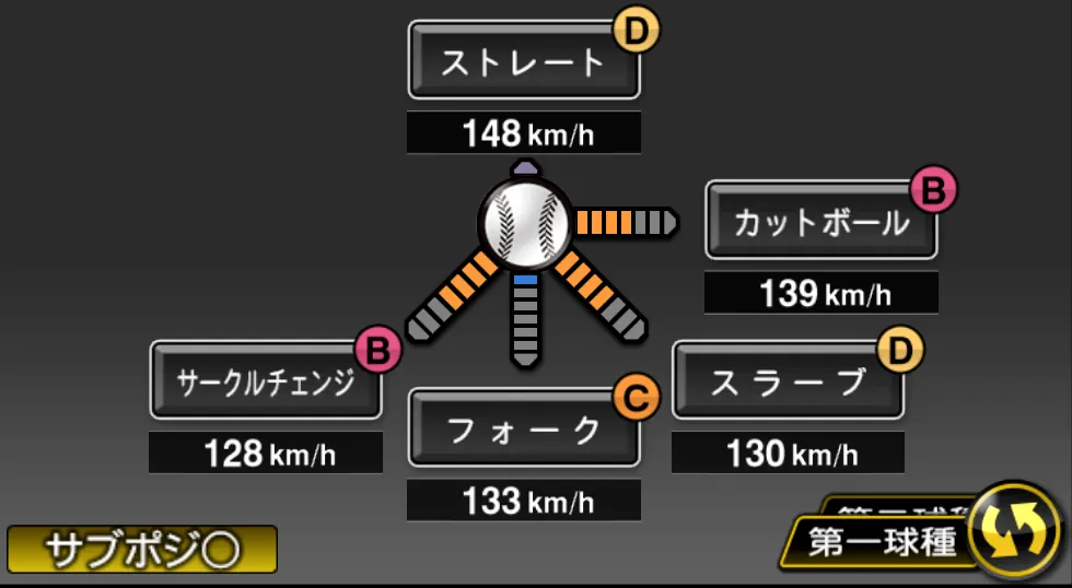 小島 和哉の球種（ゲーム内の画面）
