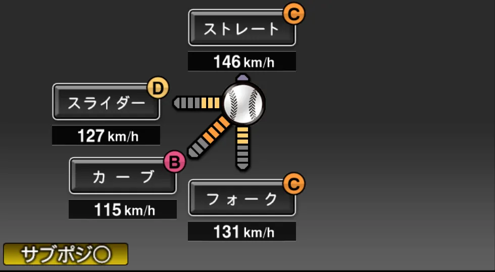 黒木 知宏の球種（ゲーム内の画面）