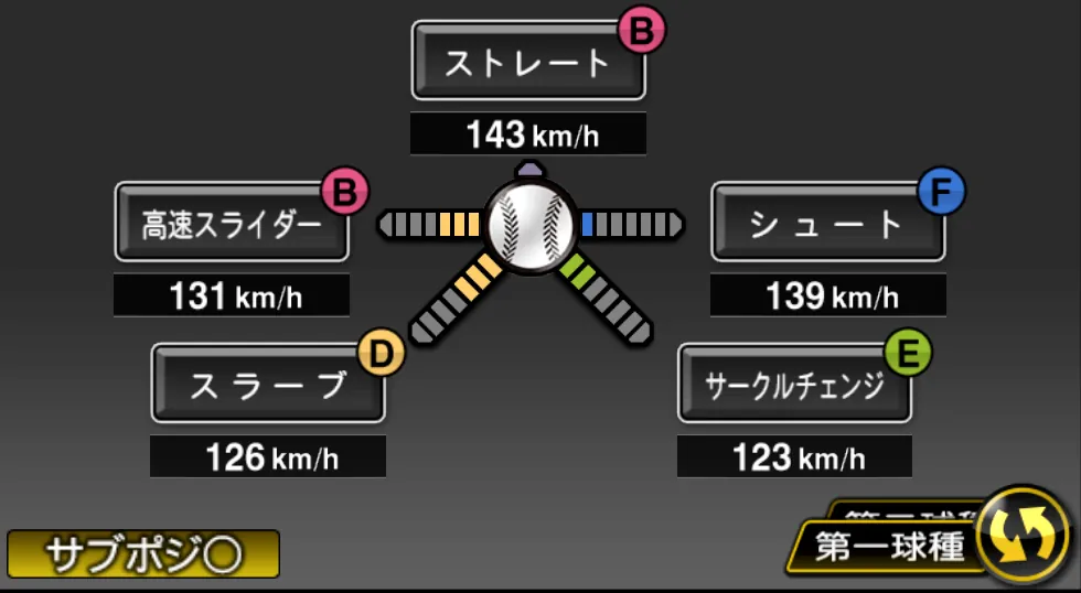 唐川 侑己の球種（ゲーム内の画面）