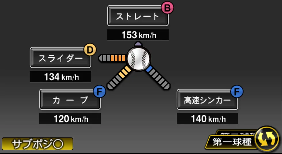 横山 陸人の球種(ゲーム内の画面)