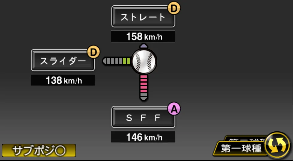 澤村 拓一の球種(ゲーム内の画面)