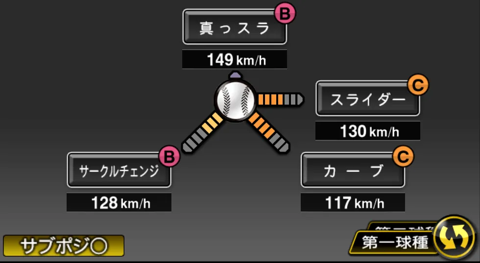メルセデスの球種（ゲーム内の画面）