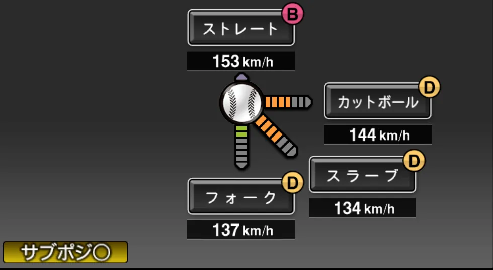 坂本 光士郎の球種（ゲーム内の画面）
