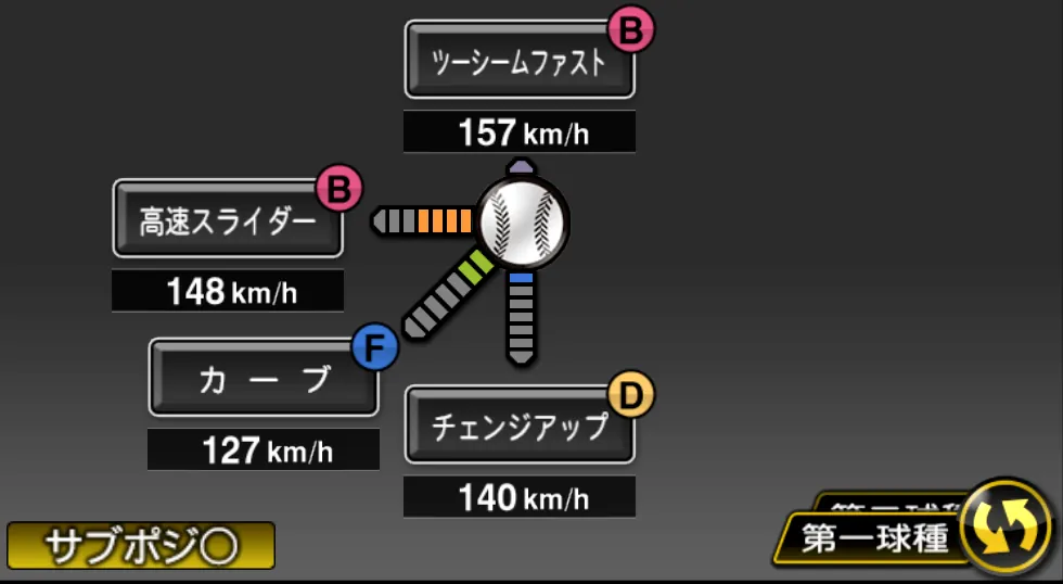 コルデロの球種（ゲーム内の画面）