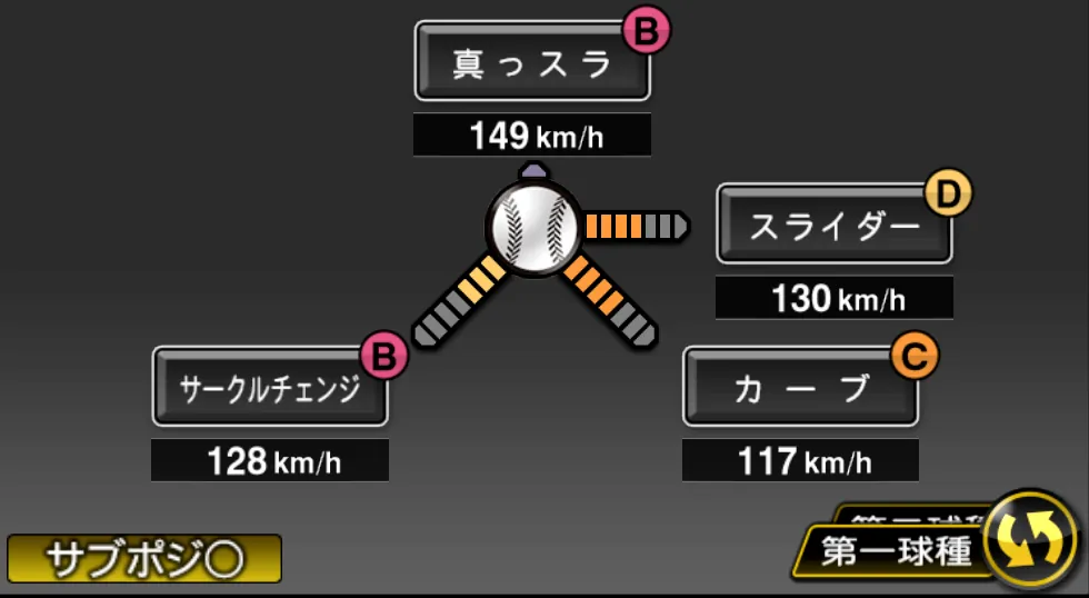メルセデスの球種（ゲーム内の画面）