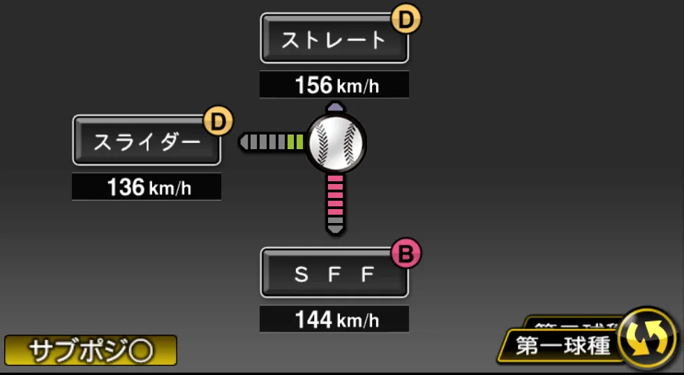 澤村 拓一の球種（ゲーム内の画面）