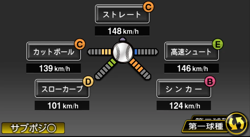 石川 歩の球種（ゲーム内の画面）