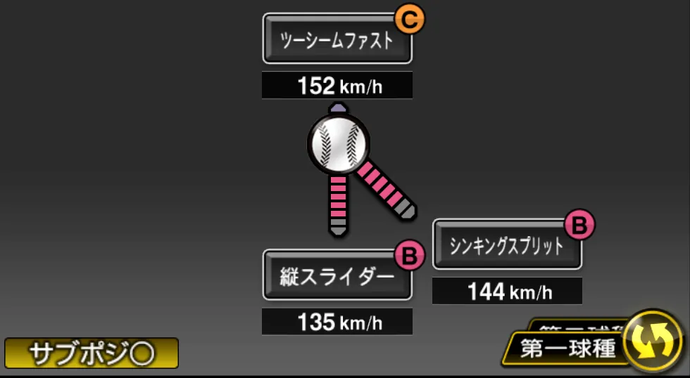ペルドモの球種（ゲーム内の画面）