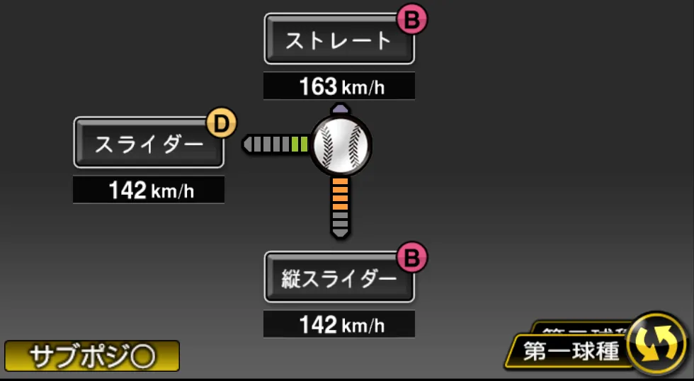 ゲレーロの球種(ゲーム内の画面)