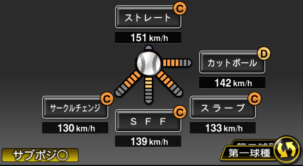 小島 和哉の球種(ゲーム内の画面)