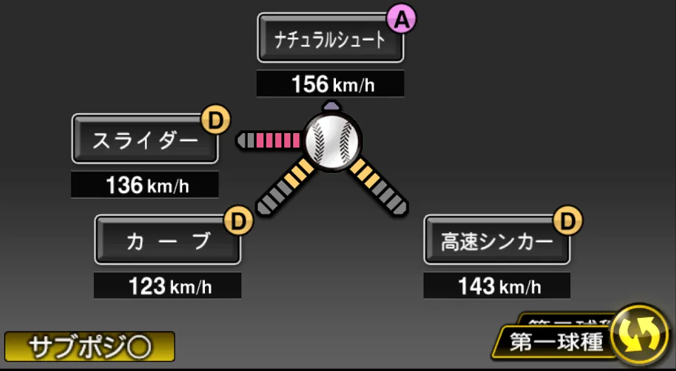 横山 陸人の球種（ゲーム内の画面）