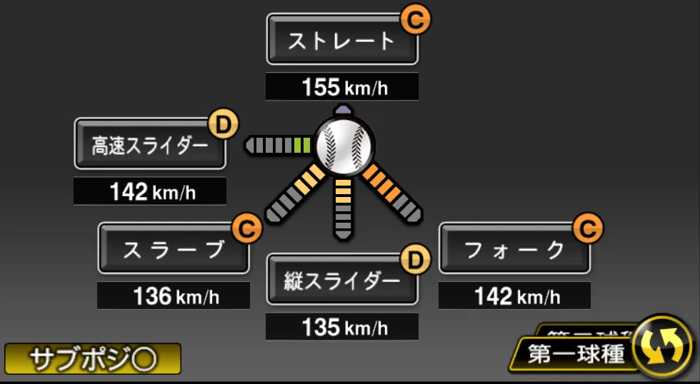 田中 晴也の球種（ゲーム内の画面）