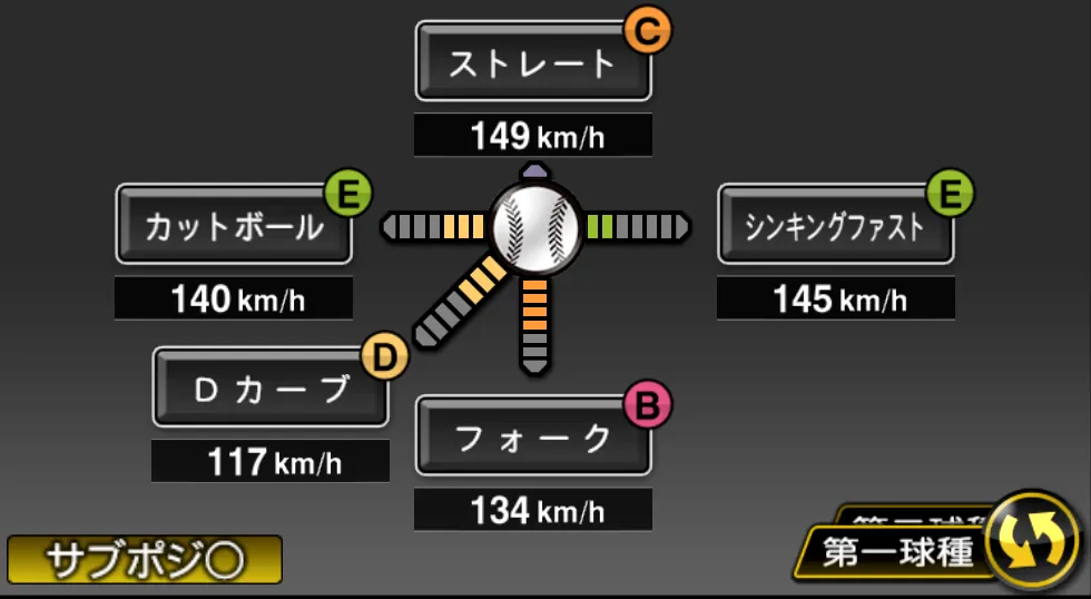 菊地 吏玖の球種（ゲーム内の画面）
