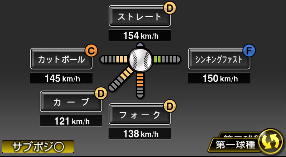 木村 優人の球種(ゲーム内の画面)