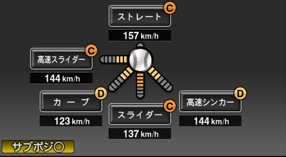 小野 郁の球種（ゲーム内の画面）